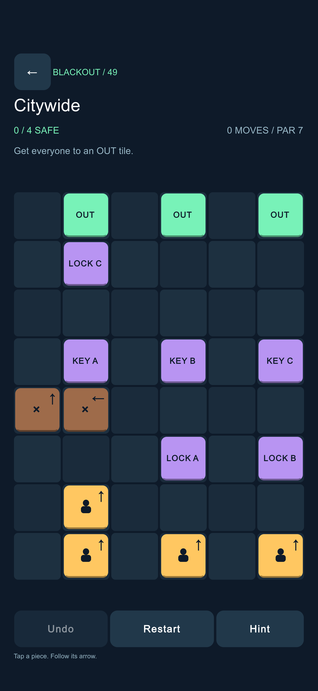 LOCKDOWN puzzle with civilians, moving crates, lettered keys and exits